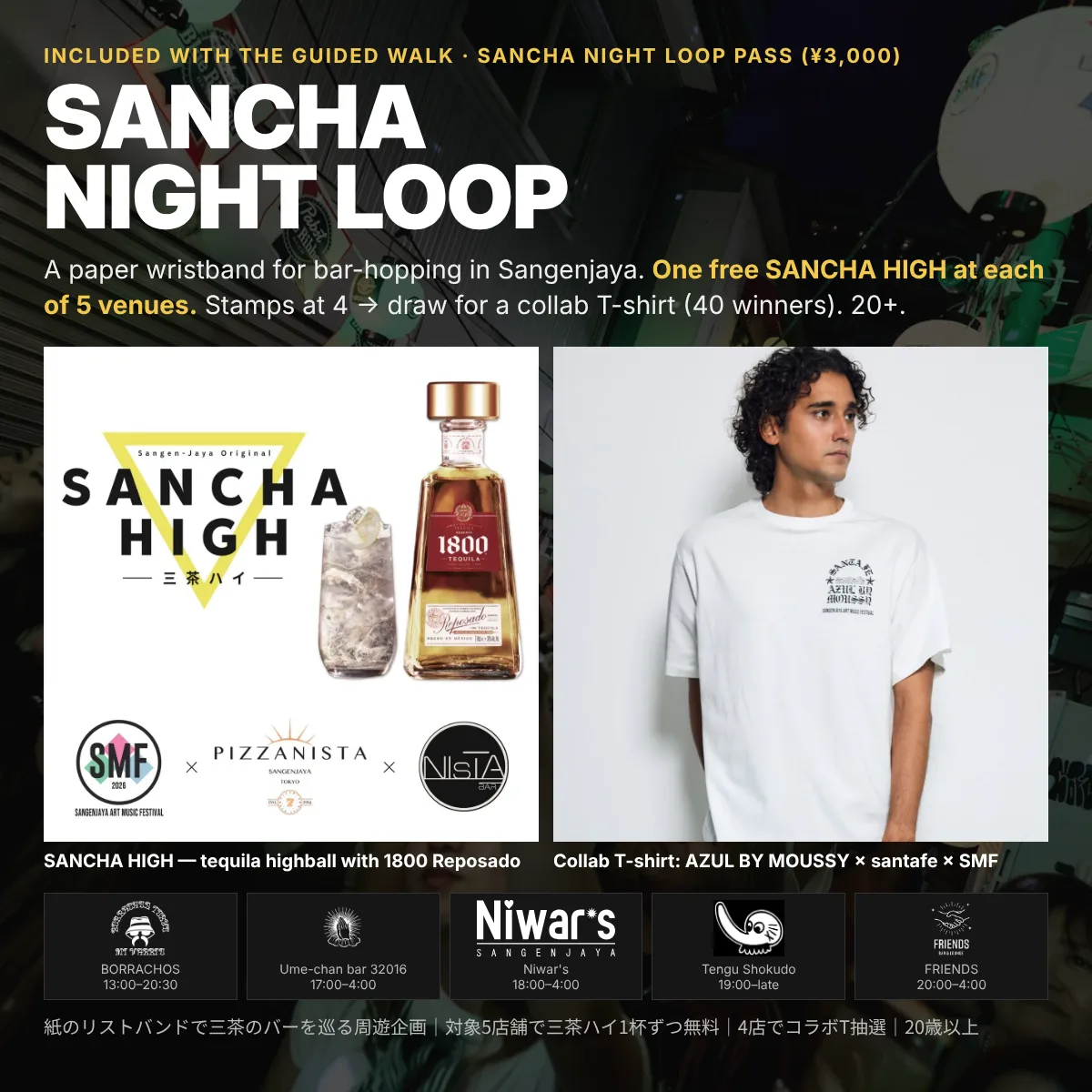 SANCHA NIGHT LOOP pass: one free SANCHA HIGH at each of 5 venues, draw for a collab T-shirt, 20+